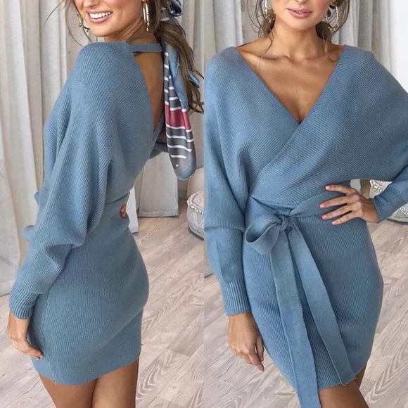 Sweaters - 🔥🔥Sexy and Cozy Blue V Neck Sweater Dress
